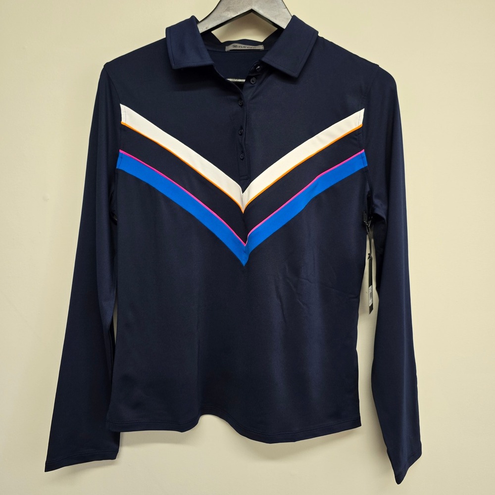 G/FORE Long Sleeve Polo Womens Medium Navy Chevron Stripe Golf Preppy Sporty